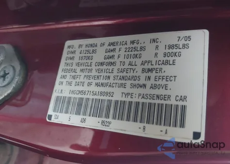 2005 Honda Accord 2.4 Ex from USA, damaged, VIN 1HGCM56715A180952